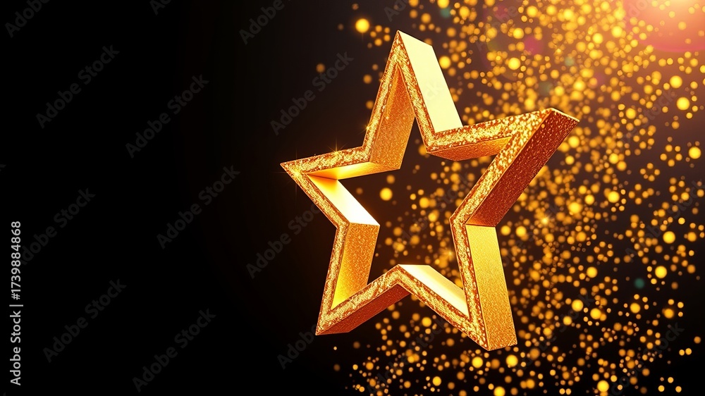 Obraz premium A shimme golden star with speckled bokeh elegantly contrasts against the dark background, conveying luxury and festive celebration in a dazzling display.