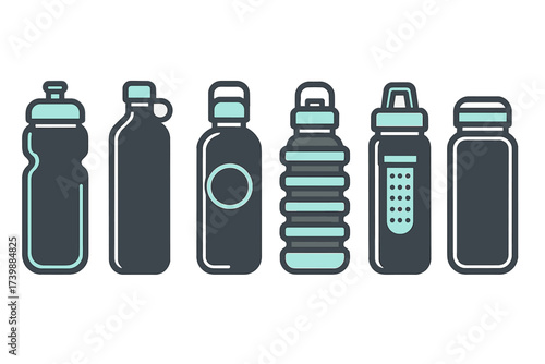 Set of modern reusable water bottles with various shapes and designs