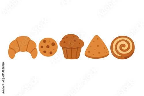 Collection of various baked goods including croissant, chocolate chip cookie, muffin, and cinnamon roll
