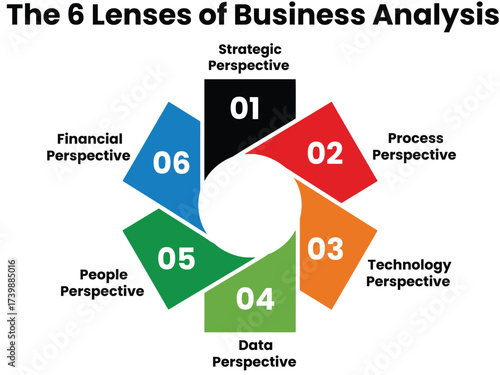 Infographic Six lenses of business analysis offer strategic, financial, process, data insights and growth