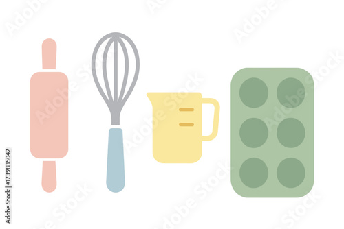 Essential baking tools collection including rolling pin whisk measuring cup and muffin tin