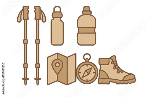 Collection of essential hiking and trekking gear icons in a simple earthy style