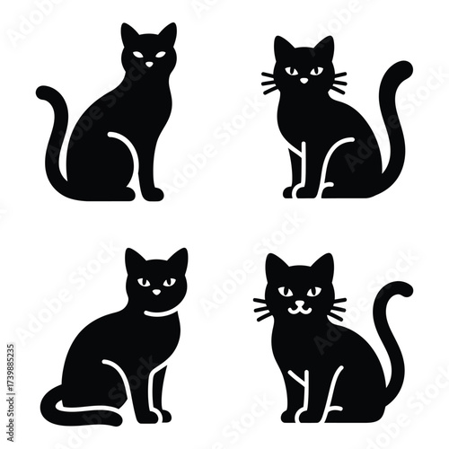 Four silhouettes of adorable black cats sitting posed in different styles and angles for festive halloween decorations silhouette