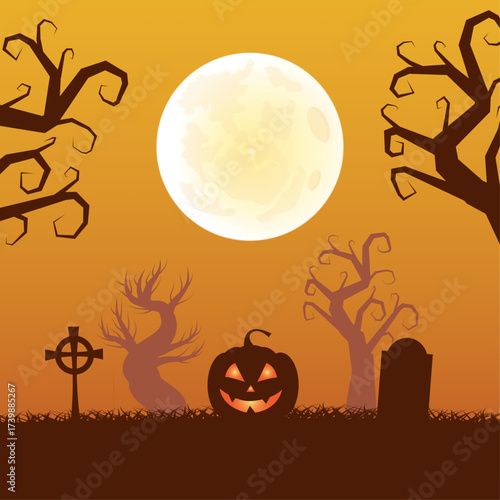 Pumpkin in a cemetery with bats flying around in halloween night with a full moon on background .  Vector Illustration..