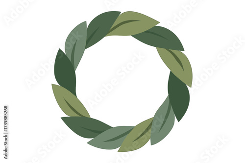 Minimalist circular frame made of overlapping green leaves in various shades of nature