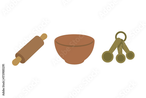 Essential kitchen tools for baking including a wooden rolling pin, mixing bowl, and measuring spoons