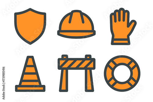 Essential safety equipment icons set featuring hard hat, shield, glove, traffic cone, barrier, and life preserver symbols