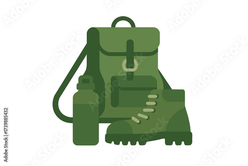 Green hiking backpack, sturdy boot, and reusable water bottle equipment set
