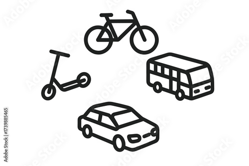 Various modes of urban transportation symbols including car, bus, bicycle, and scooter