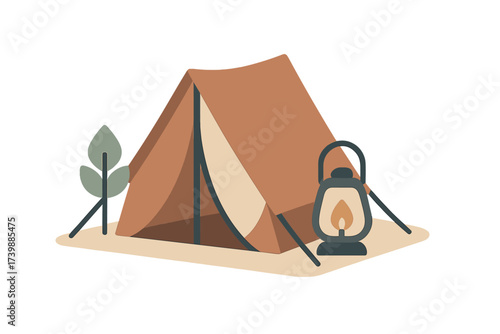 Minimalist outdoor camping setup with brown tent and glowing vintage lantern
