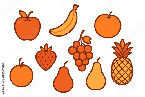 Stylized collection of common fruits including apple banana orange strawberry grapes and pineapple