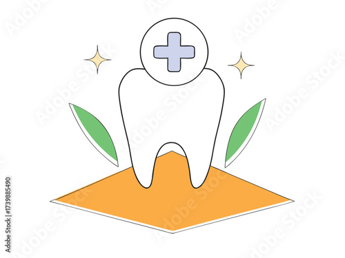 Vector art of tooth with plus sign and leaves