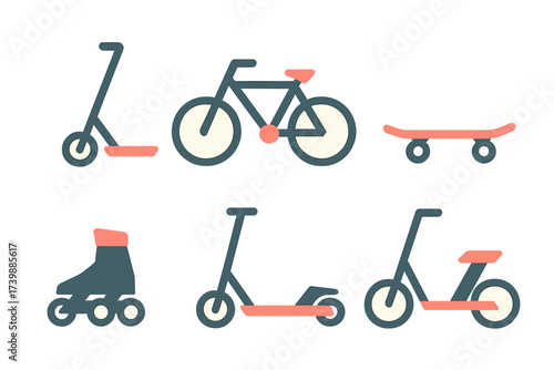 Bicycle, skateboard, roller skate, and scooter icons representing personal urban mobility