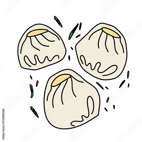 Illustration of Mongolian buuz with spices, dough dumplings with meat in doodle style