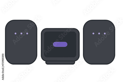 Minimalist dark electronic devices setup with central unit and two side speakers