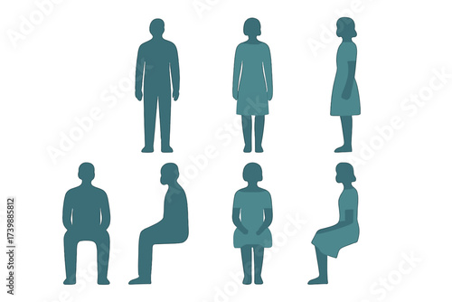Set of human silhouettes in standing and sitting poses used for architectural diagrams