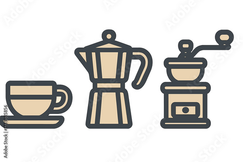Stylized icons of coffee brewing equipment including a cup, moka pot, and manual grinder