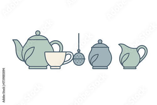 Minimalist line art complete tea set with teapot teacup sugar bowl and creamer