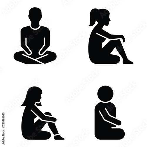 Four black silhouettes of people sitting in various poses for yoga meditation or relaxation diverse poses shown silhouette