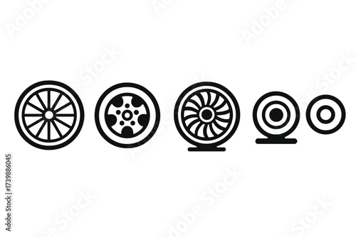 Set of circular icons depicting automotive wheels, spoked rims, cooling fans, and camera shapes