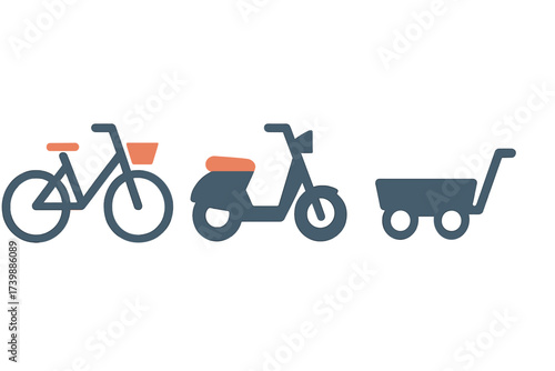 Flat design icons set for urban mobility featuring bike, scooter, and utility wagon