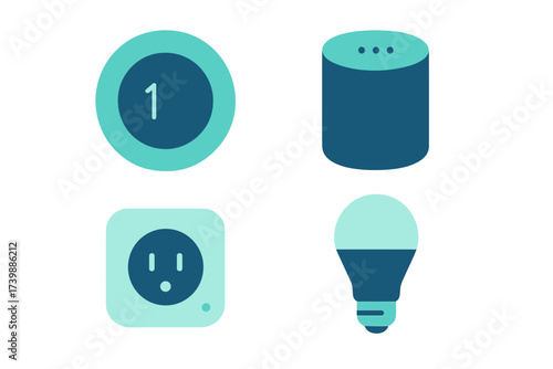 Set of modern smart home technology icons featuring speaker, light bulb, thermostat, and power outlet symbols