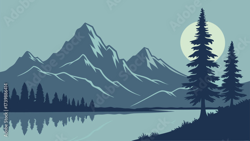 Serene mountain landscape illustration with pine trees and lake reflections, perfect for nature lovers seeking a calm, peaceful and scenic vibe for projects