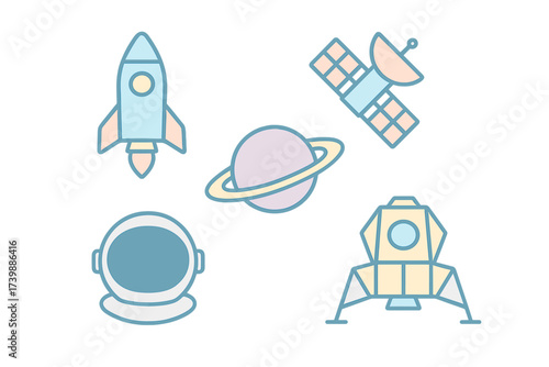 Collection of pastel space exploration symbols including rocket, Saturn, satellite, and lander