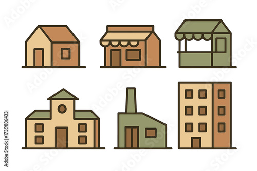 Stylized building icons set featuring residential, commercial, and industrial structures
