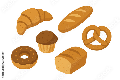 Isometric set of baked goods including croissant, baguette, pretzel, donut, and bread loaf