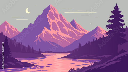 Stunning mountain landscape with river under the moon, evoking peace and adventure, perfect for travel blogs, nature posters, and outdoor-themed designs