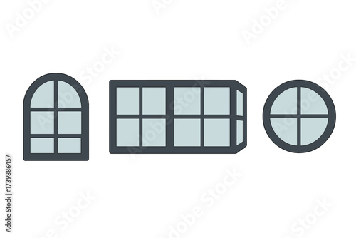 Architectural window shapes set including arched, bay, and circular styles
