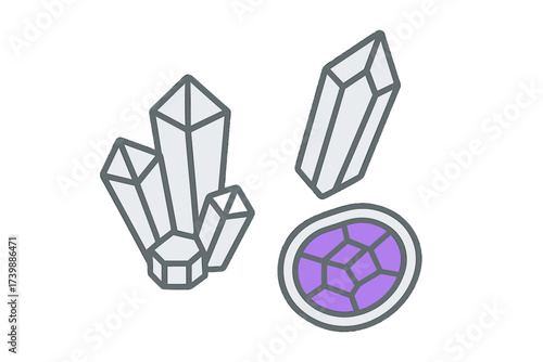 Stylized set of natural quartz crystals and a faceted purple gemstone icon design element
