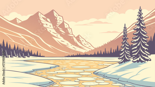 Serene winter landscape with snow-covered mountains, frozen river, and towering pine trees, perfect for creating a peaceful, tranquil atmosphere in your designs