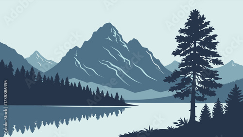 Serene mountain landscape with lake reflection, a peaceful outdoor scene perfect for travel and nature themes, originally a scalable vector graphic