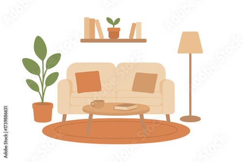 Cozy living room interior with comfortable sofa, coffee table, floor lamp, and houseplants