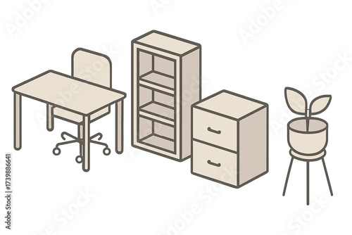 Isometric set of office furniture including a desk, chair, storage cabinet and potted plant