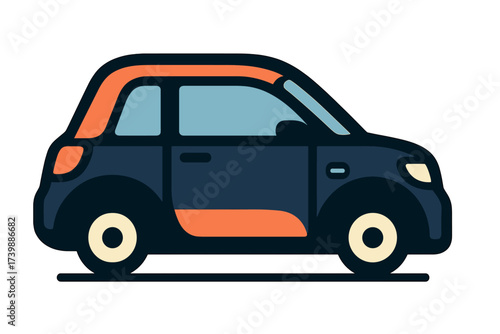 Stylized side view of a modern compact city car with dark blue body and orange accents