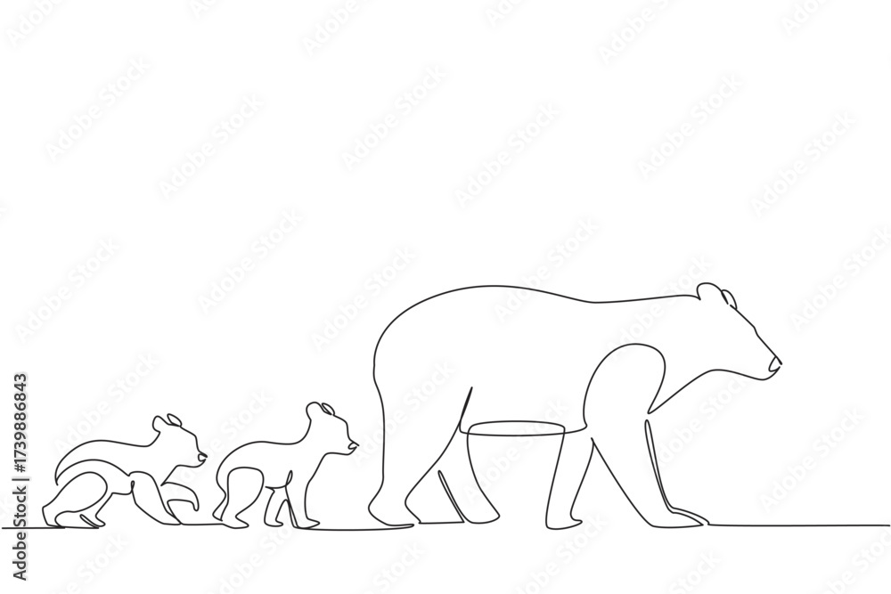 Fototapeta premium Single continuous line drawing mother black bear walking with 2 cubs walking following her mother behind. Teaching hunting. Predator. National Black Bear Day. One line design vector illustration