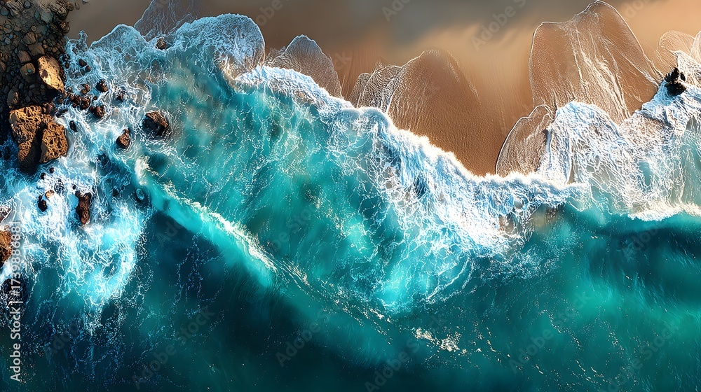 Fototapeta premium Epic aerial drone shot of a beautiful coastline with turquoise waves. The waves are breaking on a sandy beach, showing photorealistic foam and sand.