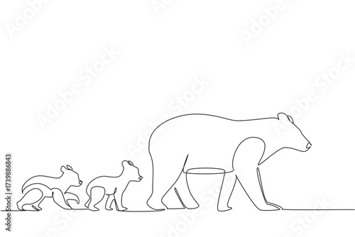 Single continuous line drawing mother black bear walking with 2 cubs walking following her mother behind. Teaching hunting. Predator. National Black Bear Day. One line design vector illustration