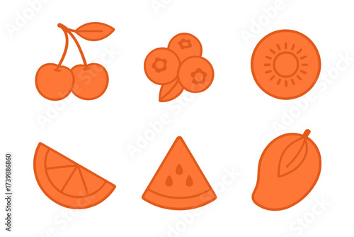 Simple monochromatic orange fruit icons collection featuring cherry blueberry kiwi citrus watermelon and mango