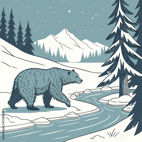 Majestic bear walking near a snowy river in a winter wonderland, surrounded by tall pine trees and snow capped mountains, a peaceful arctic scene