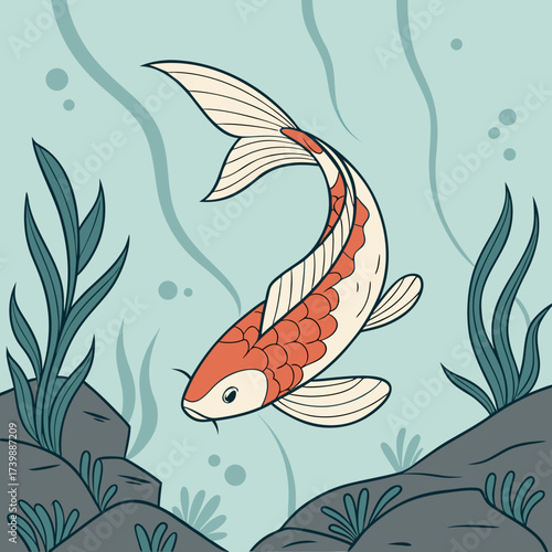 Illustration of a koi fish swimming in a pond