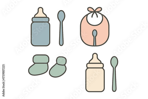 Essential collection of newborn baby care items including bottles spoons bib and booties in soft pastel colors