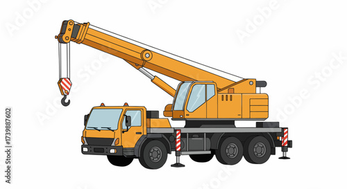 Yellow mobile crane truck heavy machinery illustration.