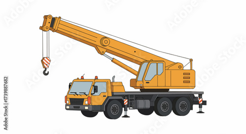 Yellow mobile crane truck with extended boom and hook for heavy lifting.