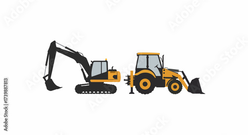 Construction vehicles excavator and backhoe loader isolated on white background.