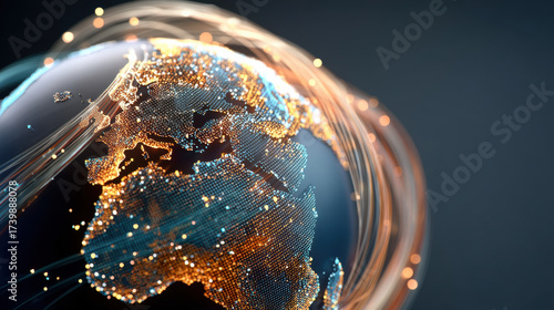 Ultra realistic glowing earth globe made of network lines with bright digital lights and data flow in dark background