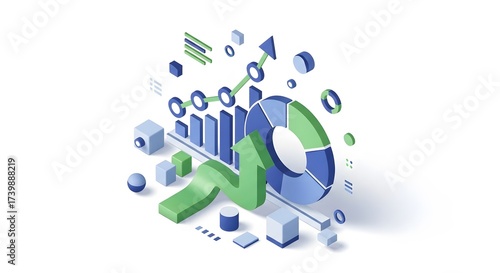 Isometric 3d graph and charts with rising arrow, isolated on white background